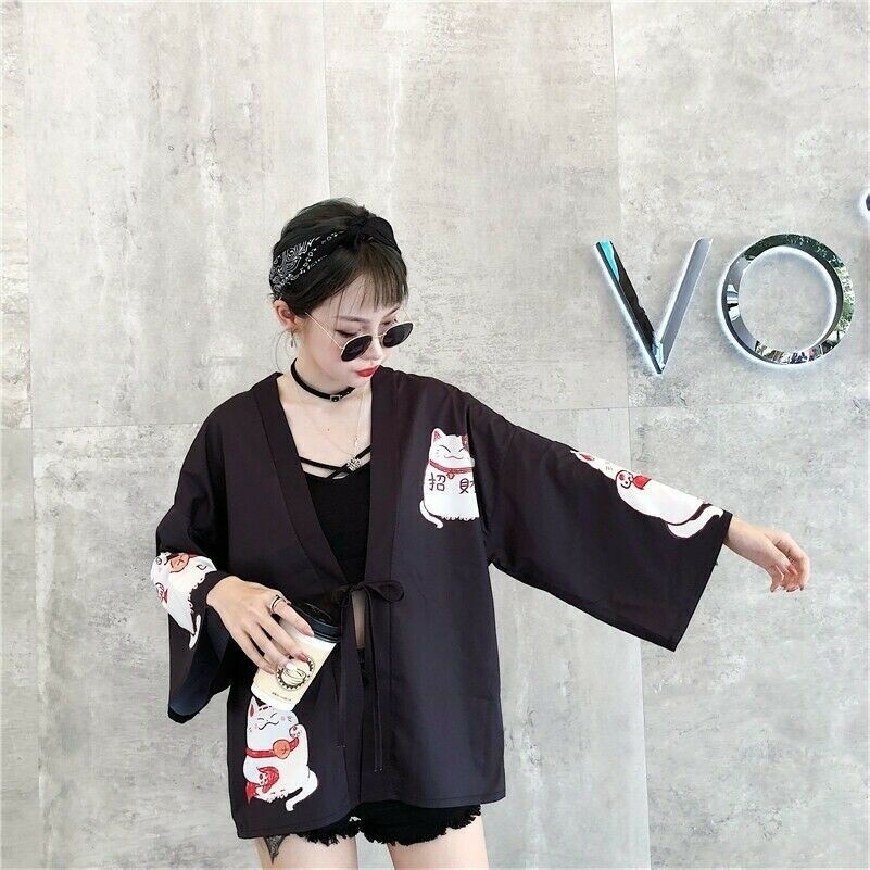 Femme Japonais Kimono Maneki Neko Chemisier Cardigan Yukata Veste Chemise