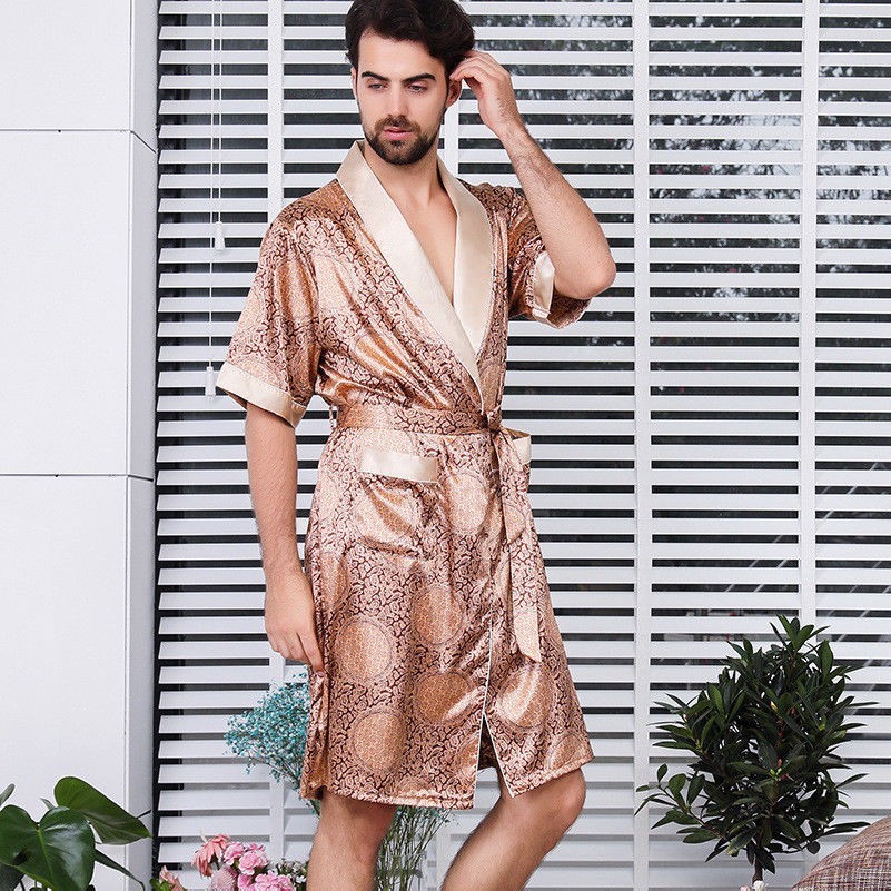 XL-5XL Men Kimono Bathrobe Silk Satin Pajamas Sleepwear Nightwear Gown Dress