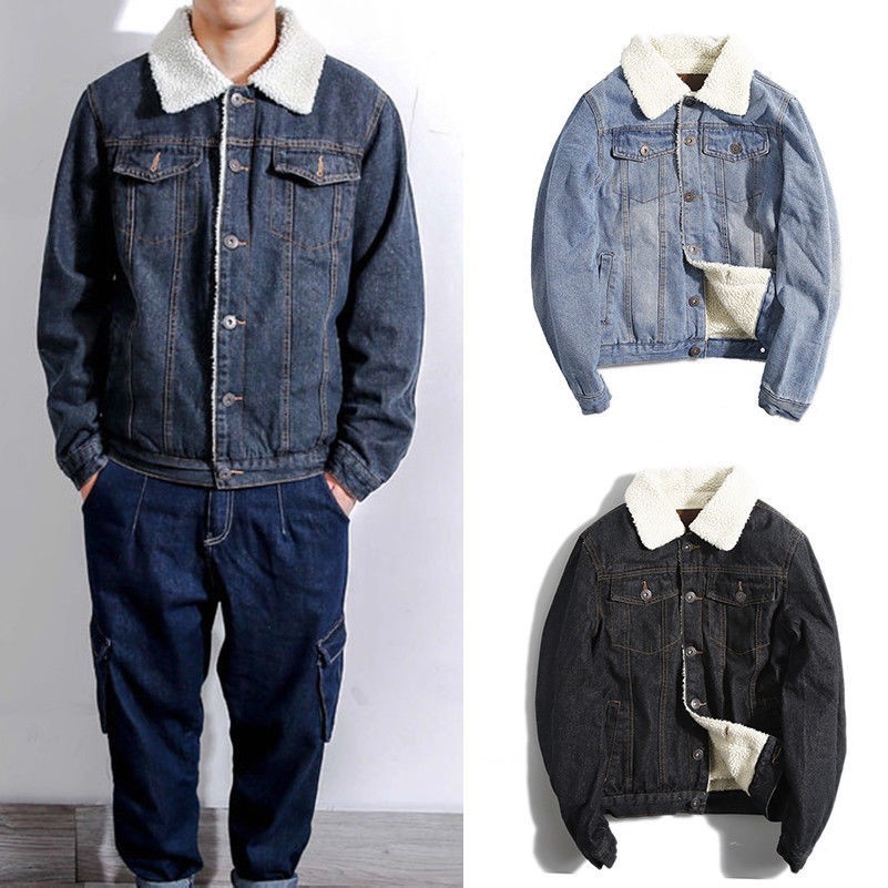 Laine Hommes Doublure Polaire Sherpa Veste en Jeans Vintage Thermique D'Hiver