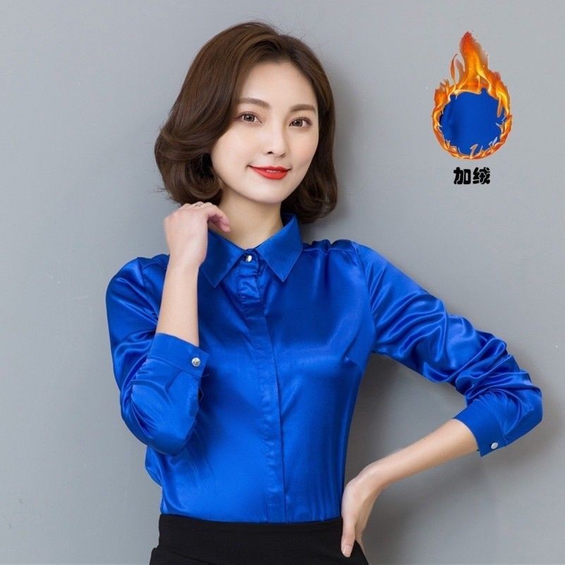 Women Thermal Faux Silk Shirt Thick Warmer Business Formal Blouse Tops Elegant