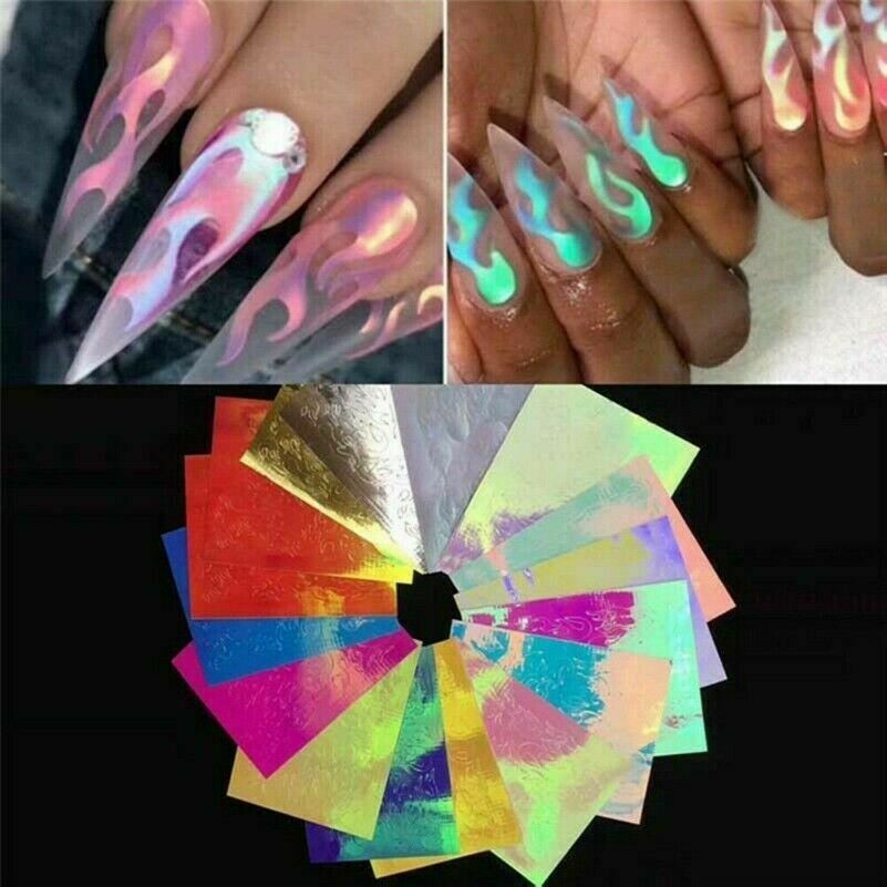 16Pcs/Set Holographisch Feuer Flamme Hohl Nagelkunst Aufkleber Maniküre Sticker