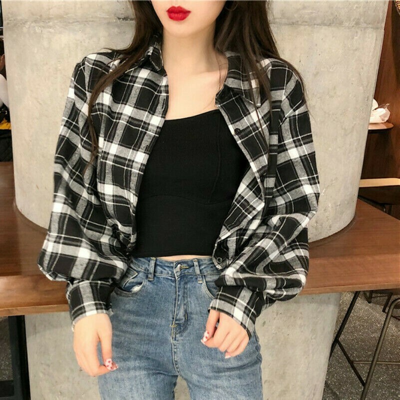 Donna Scozzese Camicetta Coulisse Camicia Larga Bottoni Maniche Lunghe Corte