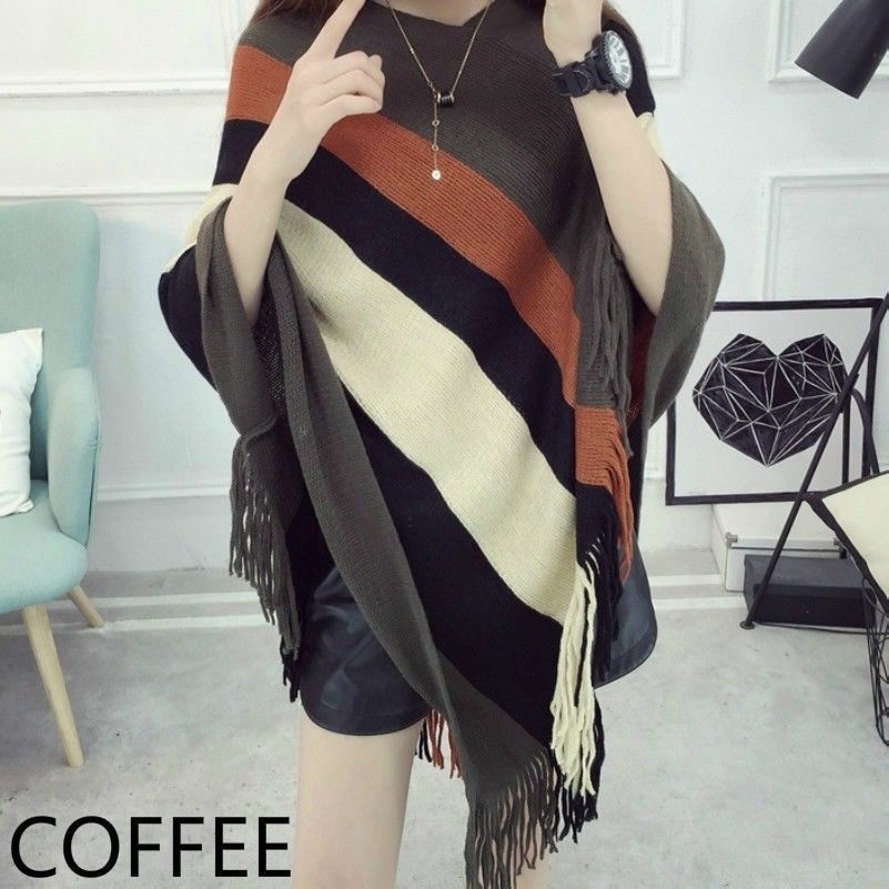 Women Poncho Wrap Cape Shawl Knitted Cloak Stripe Batwing Sweater Top Tassel