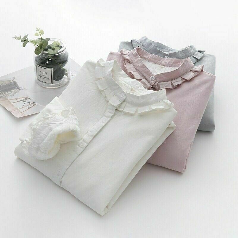 Camicie Ruffle Donna Calde Fodera In Pile Manica Lunga Bottone Spesse Preppy