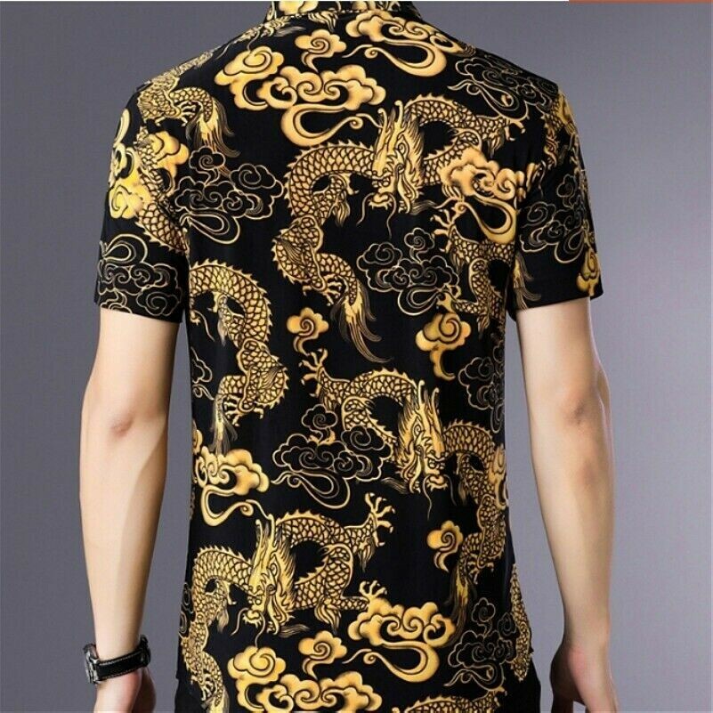 Men Shirt Print Gold Dragon Pattern Short Sleeve Button Down