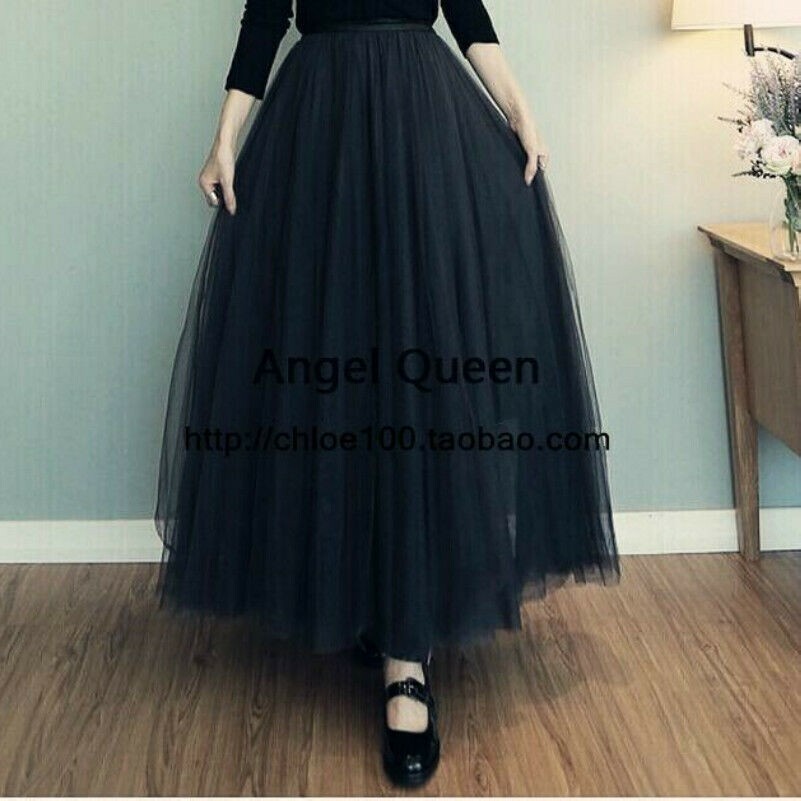 Lady Sheer Mesh Skirt Long A-lined Tulle Slip Pleated Tutu Ball Gown Layers Grey
