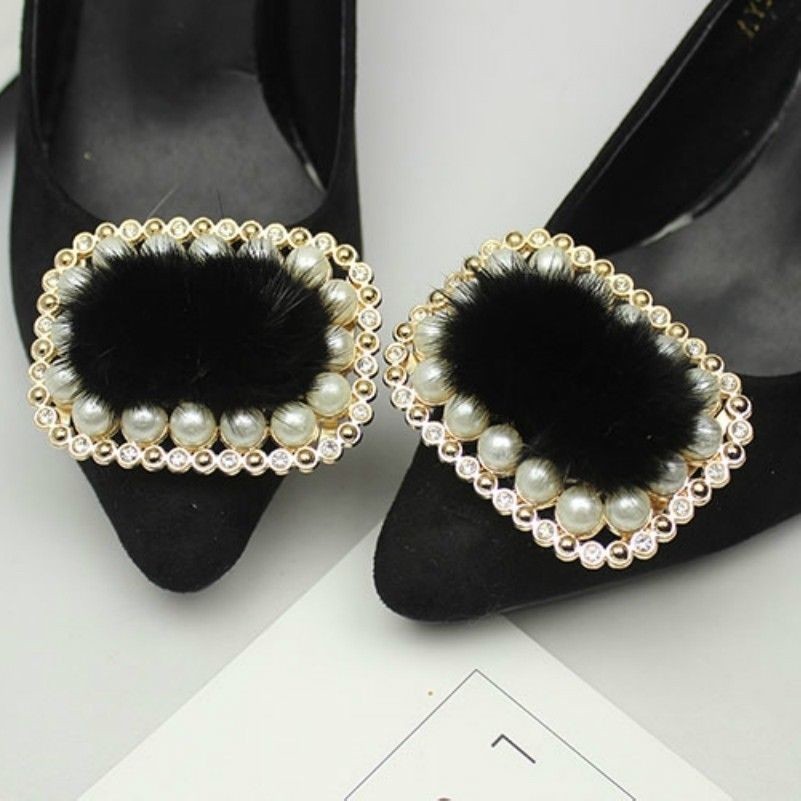 2 X Mink Fur Pom Shoe Clip Buckle Furry Fluffy Diamante Pearl Ornament Decor