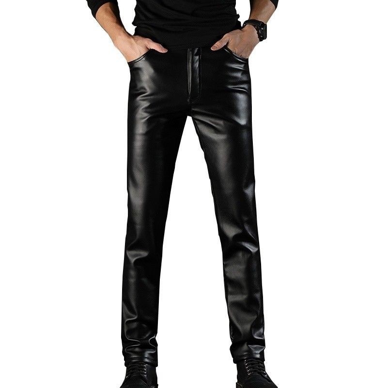Hommes Doublure Polaire Simili Cuir Motard Pantalon Effet Mouillé Coupe Slim