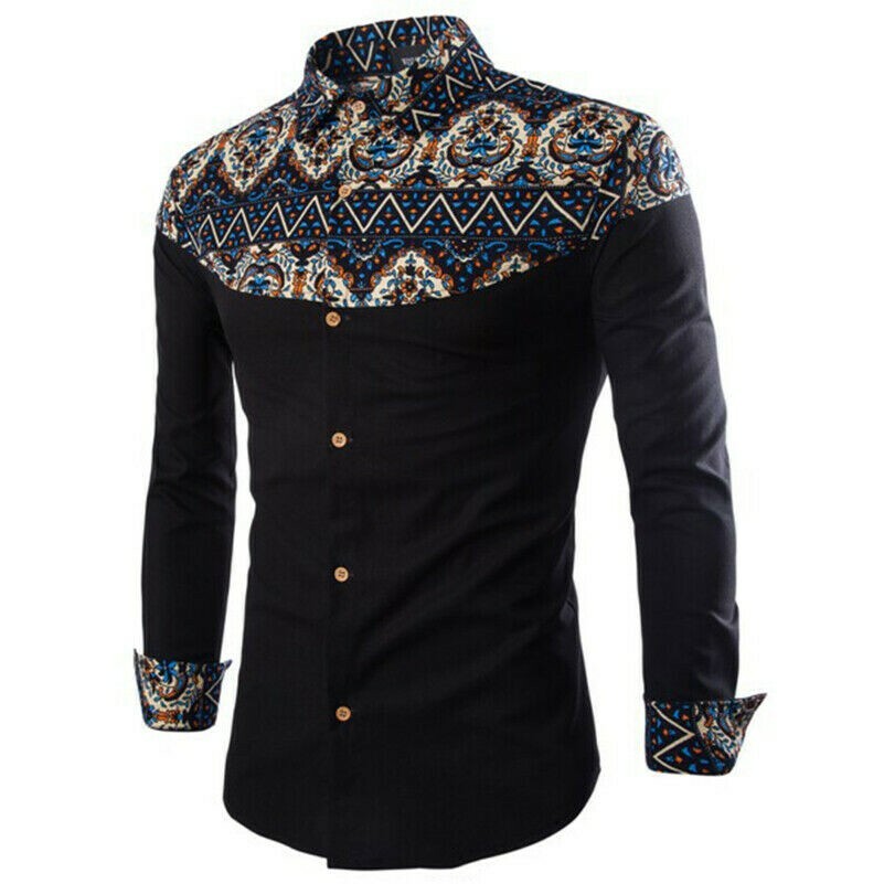Men Ethnic Print Shirts Tops Cotton Patchwork Long Sleeve Button Slim Casual