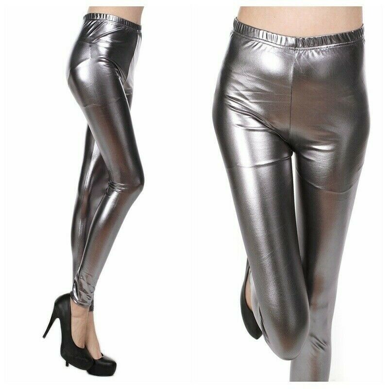 Dame de Femmes Simili Cuir Leggings Brillant Fin Slim Taille Haute Club Pantalon