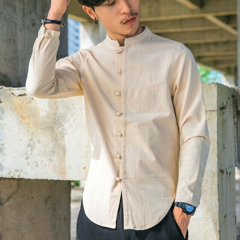 Men Ethnic Shirt Cotton Linen Plain Chinese Kung Fu Top Frog Button Retro