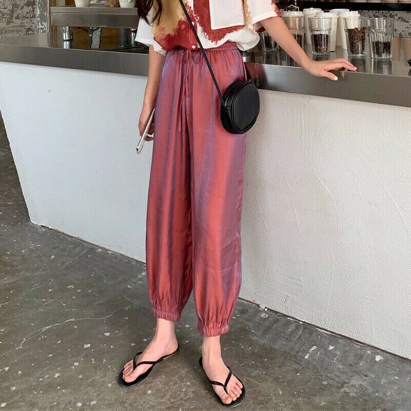 Femme Longueur Cheville Pantalon Sarouel Haut Taille Élastique Brillant Desseré