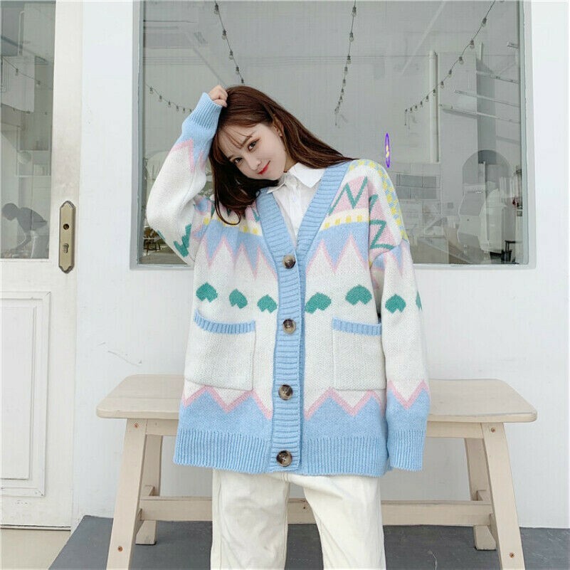 Damen Mädchen Strickpulli Strickjacke Mantel Top Süß Kawaii Preppy Locker Winter