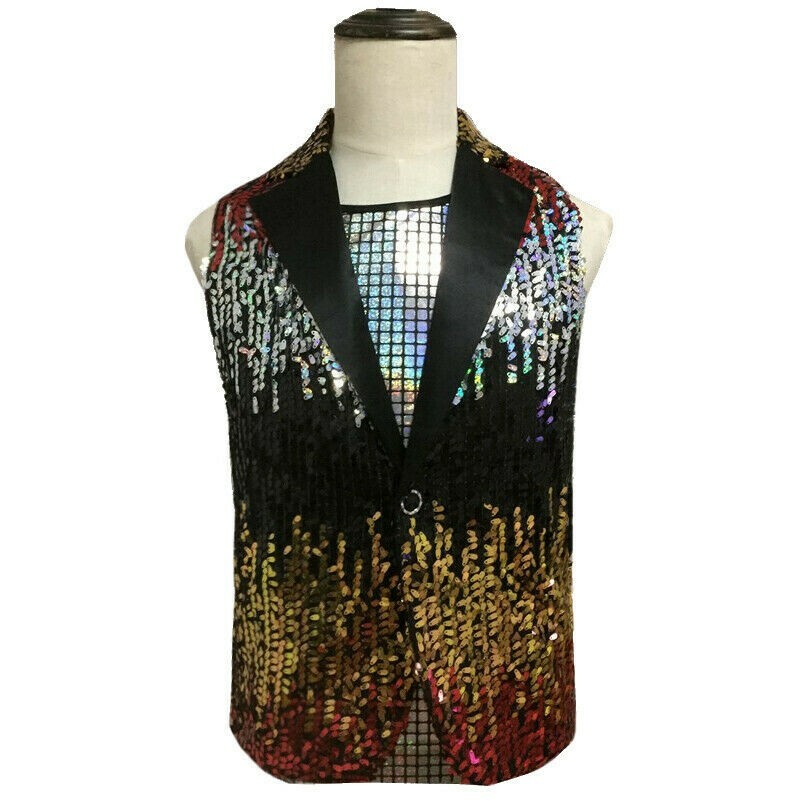 Hommes Sequin Gilet sans Manche Cran Revers Veste Gilet Gilet Déguisement