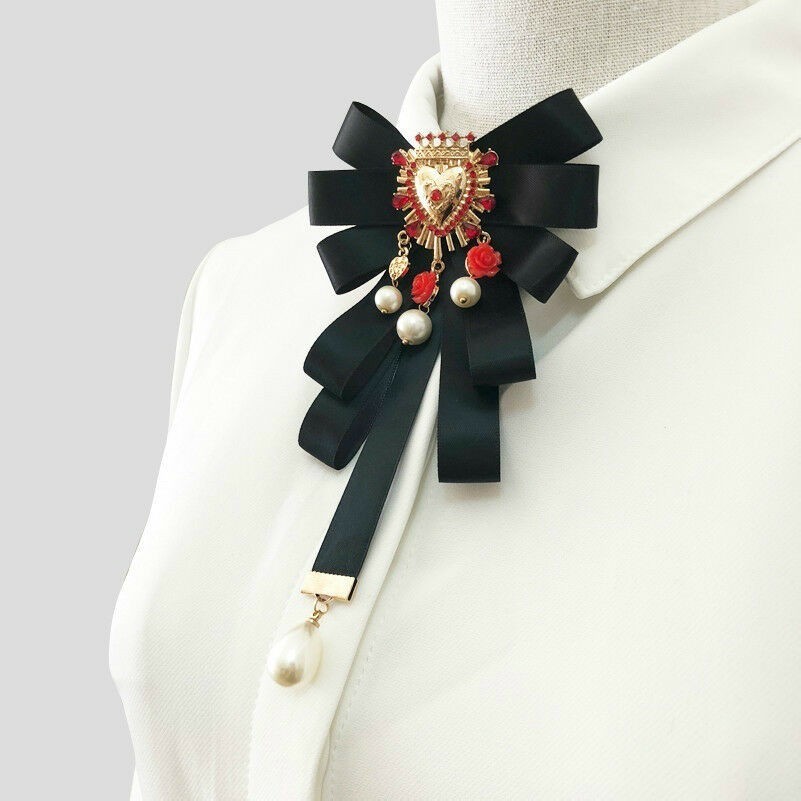 Luxury Women Satin Bow Tie Beads Floral Pin Baroque Brooch Necktie Party Vintage
