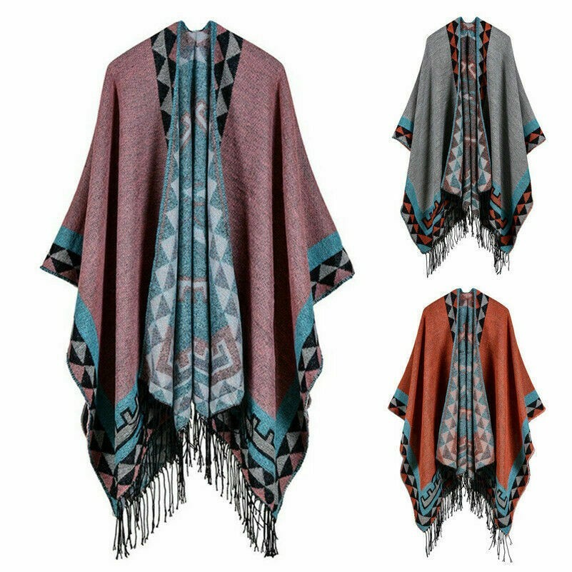 Damen Diamant Quasten Mantel Schal Boho Zigeuner Hippie Cape Poncho Strickjacke