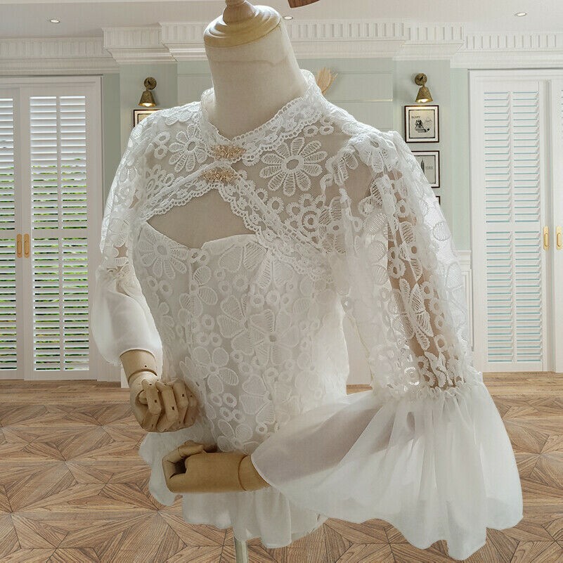 Lolita Camicia Blusa Pizzo Rete Top Floreale Traforato Increspatura Maniche Slim
