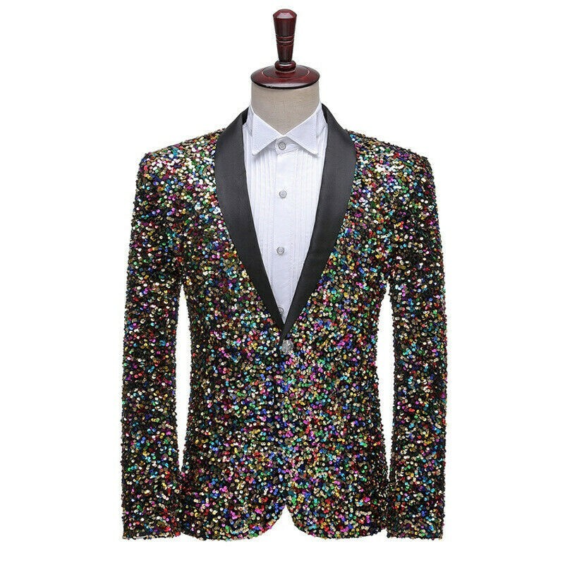 Men Sequin Shawl Lapel Suit Jacket Stage Show Party Tunic Blazer Fancy Dress