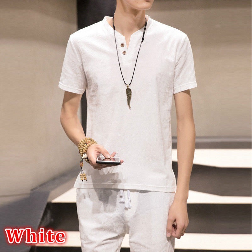 Men Linen Shirt and Shorts Set Sleeveless Tshirt Button V Neck shorts Drawstring