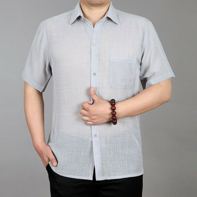 Middle Aged Men's Linen Light Shirt Tops Loose Baggy Short Sleeve Gift L-5XL
