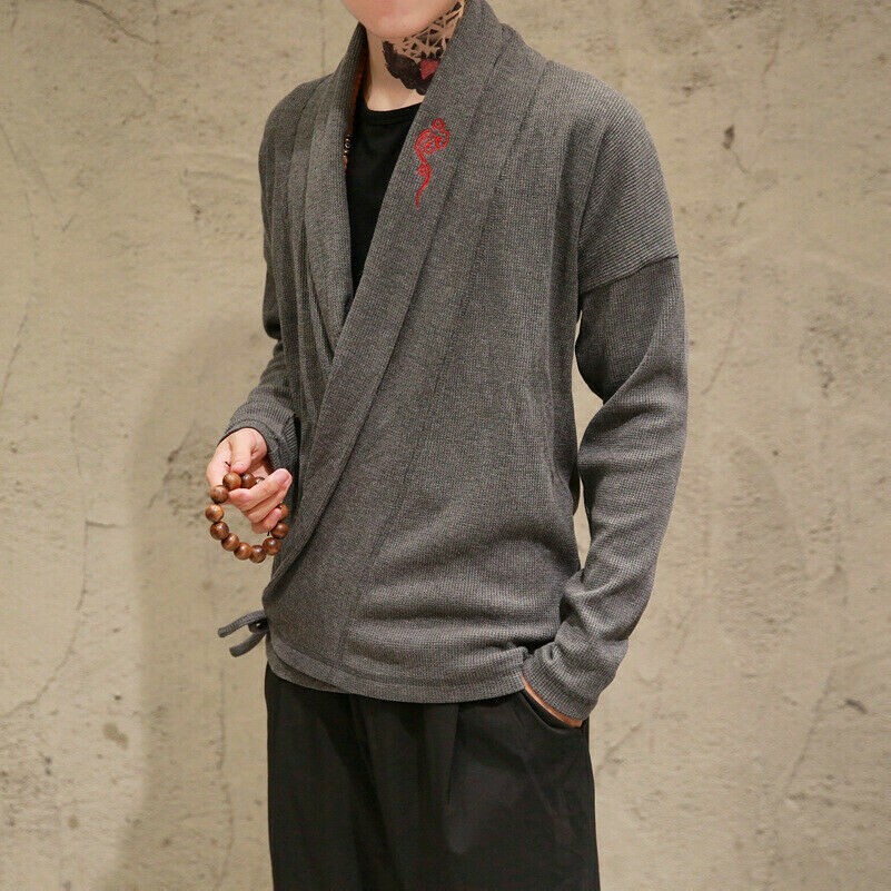 Herren Chinesisch Strickjacke Stickerei Jacke Hemd Outwearlinie Gestrickt Retro