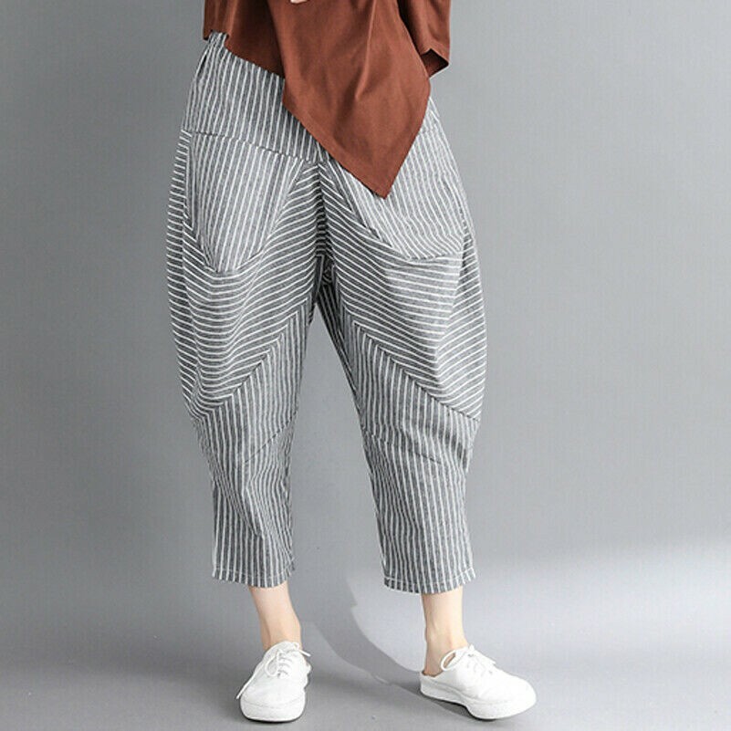 Femme Lin Coton Pantalon Harem Sarouel en Vrac à Rayures Taille Élastique