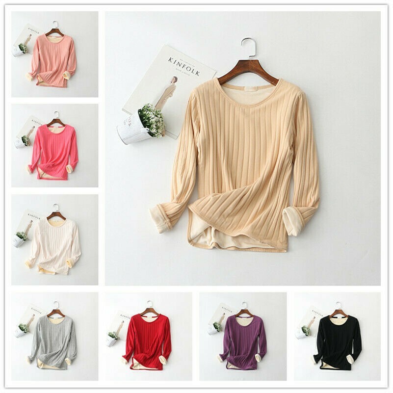 Donna Slim T-Shirt Velluto Caldo Top Canottiera Girocollo Manica Lunga Inverno