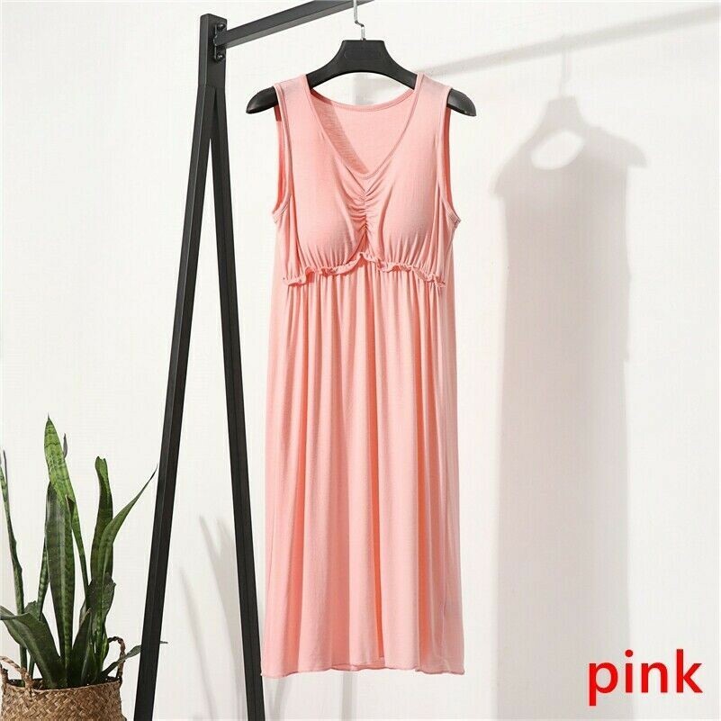 Damen Modal Tank Unterhemd Mieder Kleider Mit Brust Pad V-Neck Nachthemd Locker