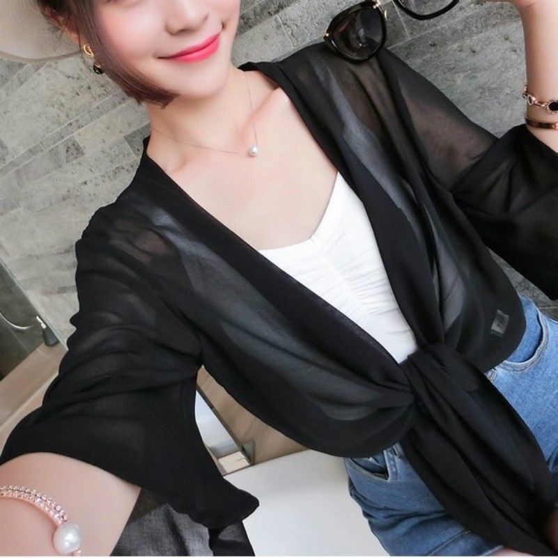 Bolero Cardigan Corto Chiffon Collo a Y Manica 3/4 Donna Bian/Nero