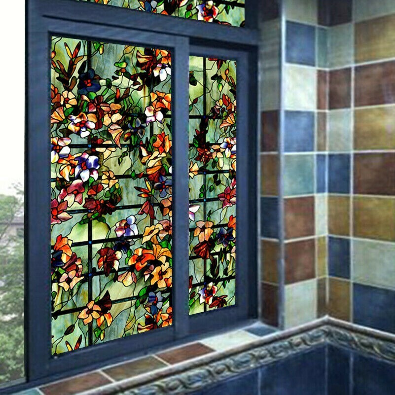 3D Adesione Statica Finestra Film Ghiacciato Stained Camelie Vetro Adesivo