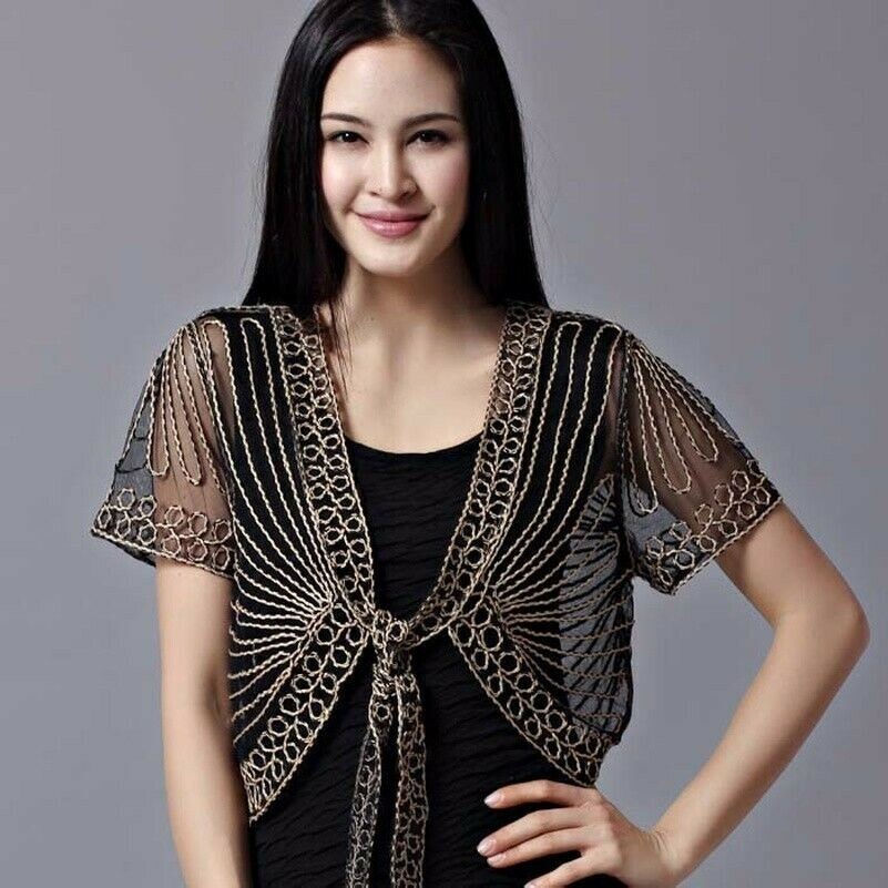 Women Lace Mesh Floral Bolero Shrug Coat Tie Short Sleeve Cardigan Shawl Loose