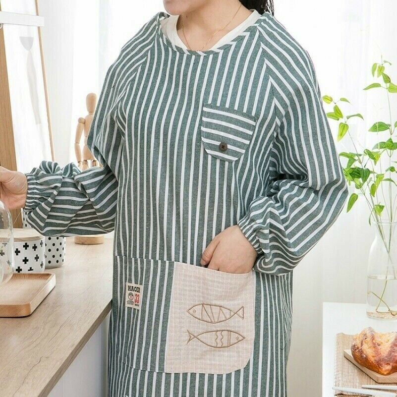 Cotton Linen Apron Stripe Long Sleeve Cooking Baking Kitchen Chef Pocket