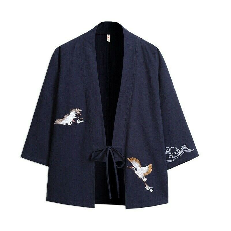 Men Japanese Kimono Jacket Linen Cotton Cardigan Loose Coat Retro Top Casual