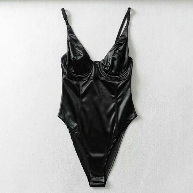 Damen Glänzend Body Turnanzug Ärmellos Elastisch Hoher Schlitz Bikini Bademode