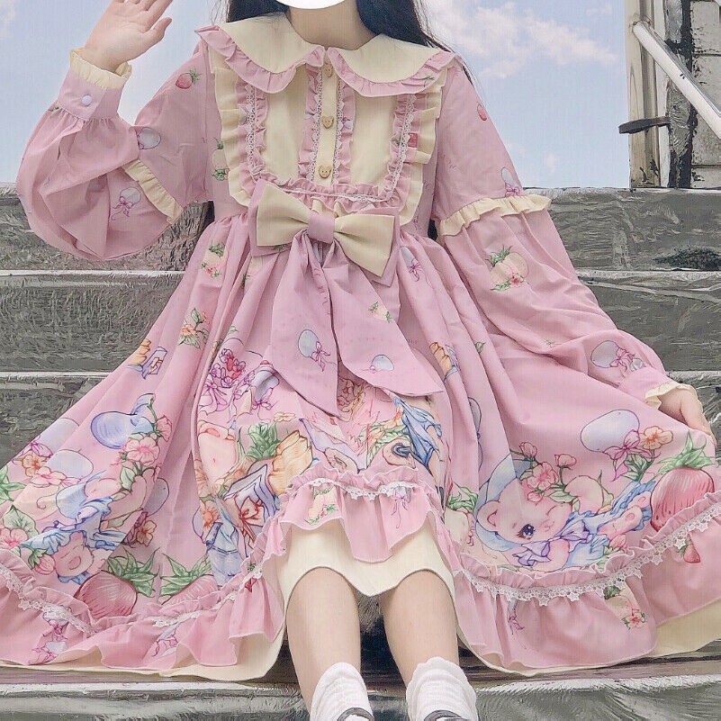 Lolita Kleid Rüschen Spitze Plissiert Japanisch Cosplay Kawaii Niedlich Cartoon