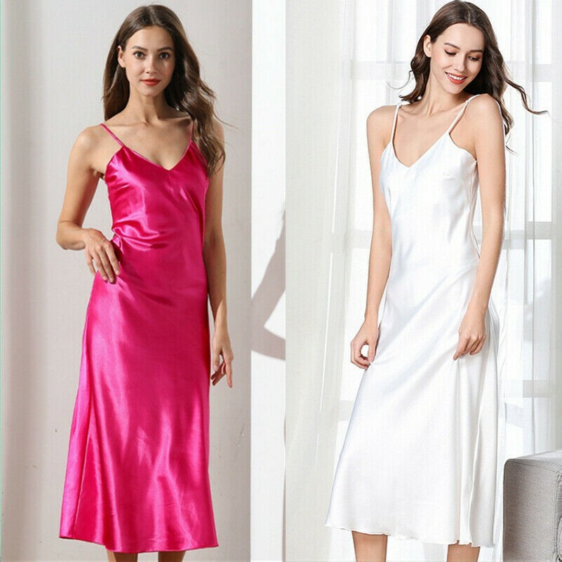 Damen Satin Unterkleid Nachthemd Kunstseide Pyjamas Nachtwäsche Petticoat Sexy