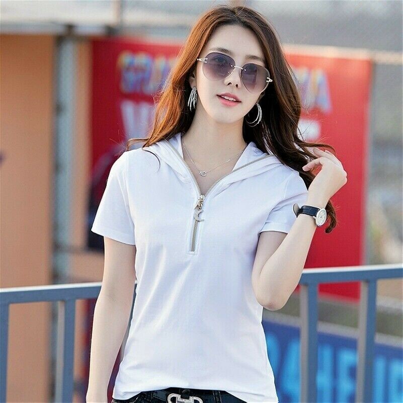 Women Hooded T-shirt Zip Front Short Sleeve Top Formal Office Blouse Casual