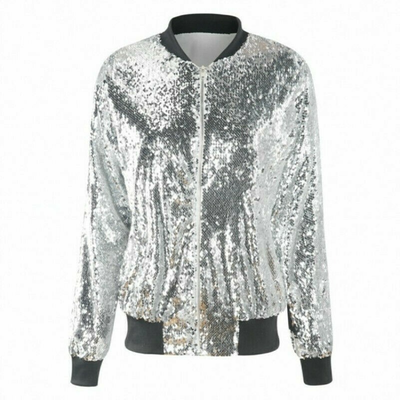 Women Glitter Sequin Bomber Jacket Coat Shiny Baseball Biker Outwear Tops Casual