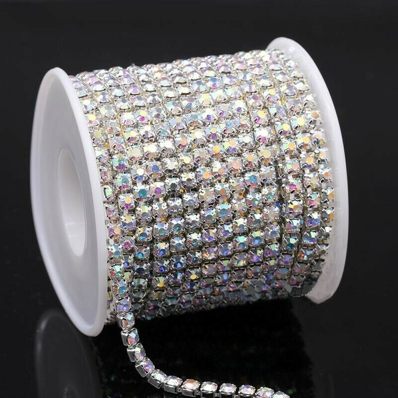 9M Rhinestone Chain Crystal Glass Gem Silver Cup Trim Ribbon Sparkle Diamante AB