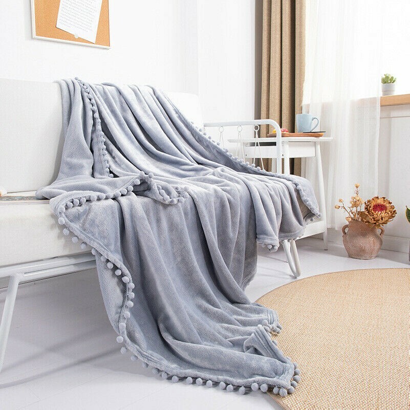 Fleece Throw Blanket with Pom Fringe Super Soft Lightweight for Bed Couch