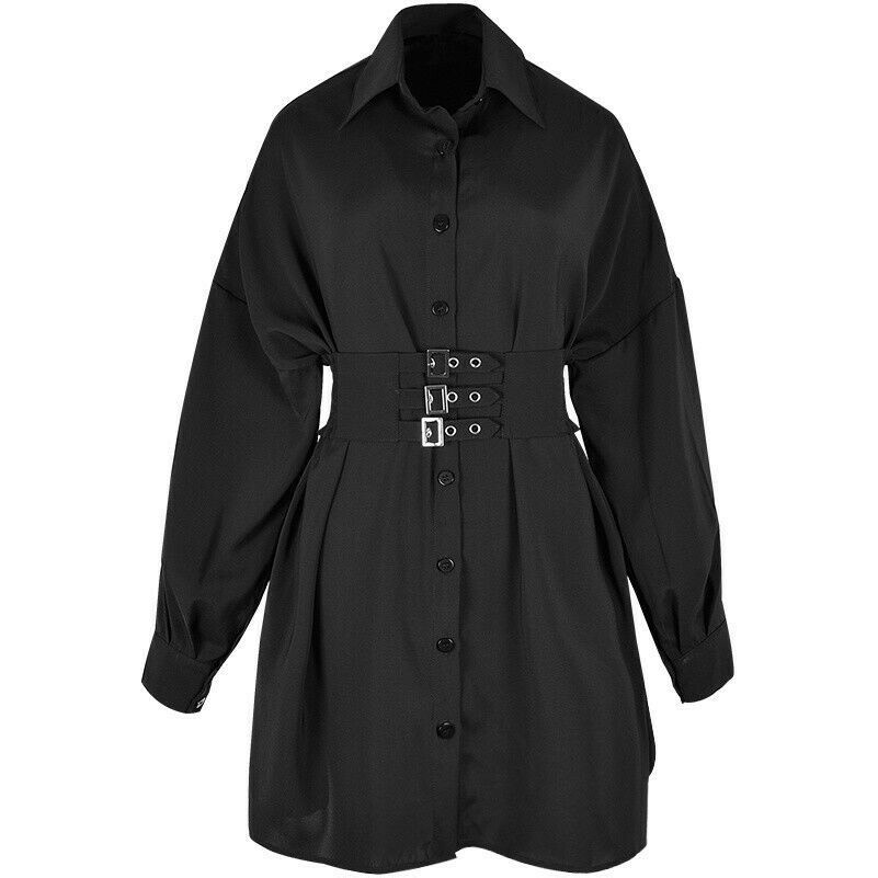 Damen Punk Goth Hemd Kleid Korsett Harajuku Retro Langärmlig Gürtel