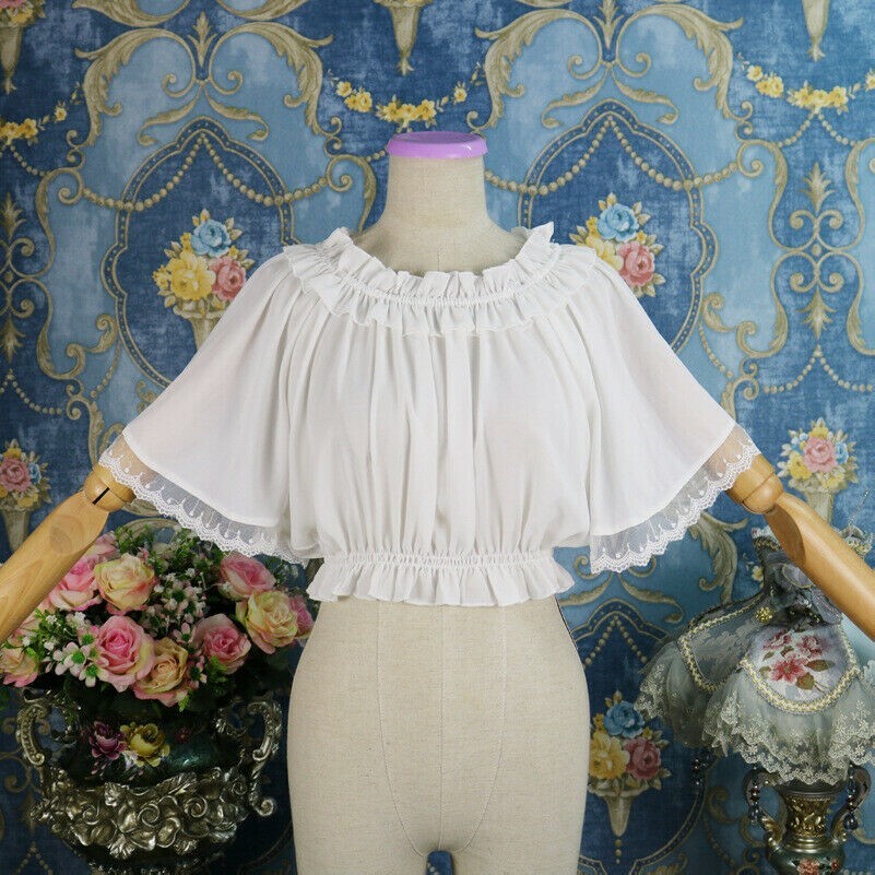 Damen Lolita Bluse Shirt Tops Spitze Rüschen Ärmel Plissiert Vintage Style Süß