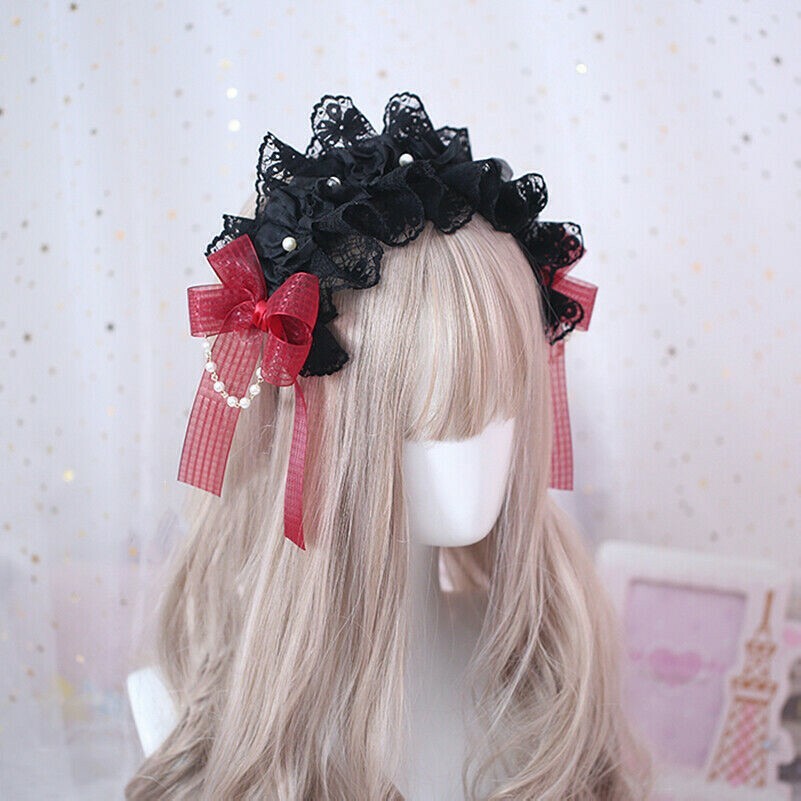 Women Girl Lolita Headband Lace Bead Bowknot Headwear Gothic Maid Cosaplay Black