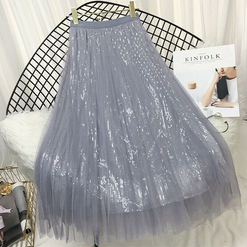 Donna Midi ad A Pieghe Rete con Paillettes Elastico Vita Alta Fairy Spiaggia
