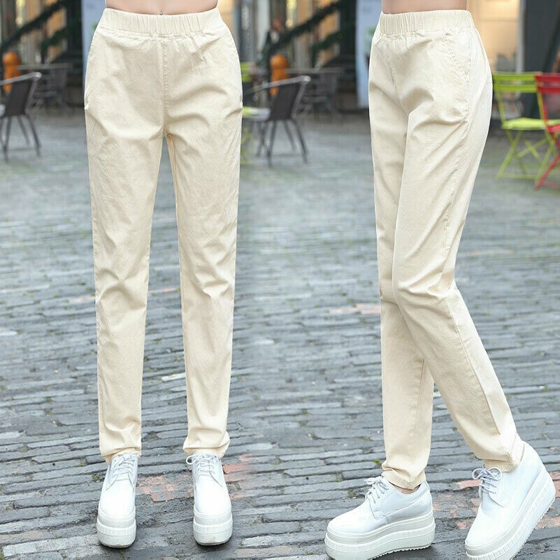 Womens Harem Pants Casual Linen Trousers Straight Leg Elastic Waist Slim Fit SPW