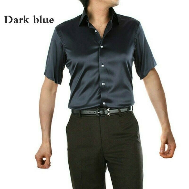 Men Faux Silk Satin Dress Shirts Short Sleeve Button Business Slim Casual Blouse