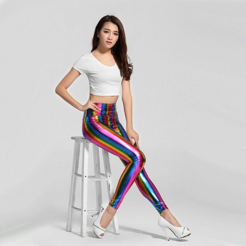 Women Faux Leather Leggings Rainbow Striped Shiny Fitness Pants Trousers Casual