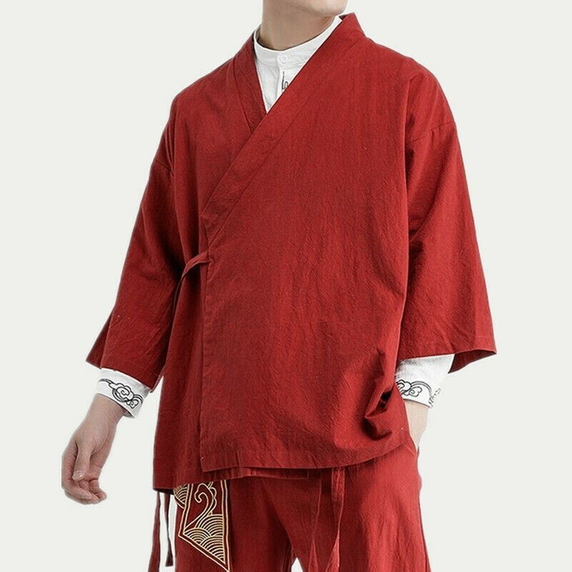 Homme Japonais Kimono Veste Vintage Chinois Lin Coton Cardigan Haut Ample