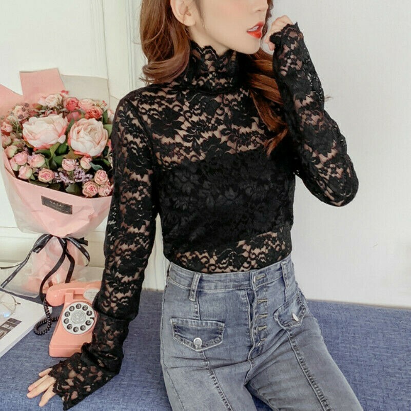 Women Lace Shirt Floral Tops Blouse T-shirt Pullover Turtle Neck Sheer Mesh