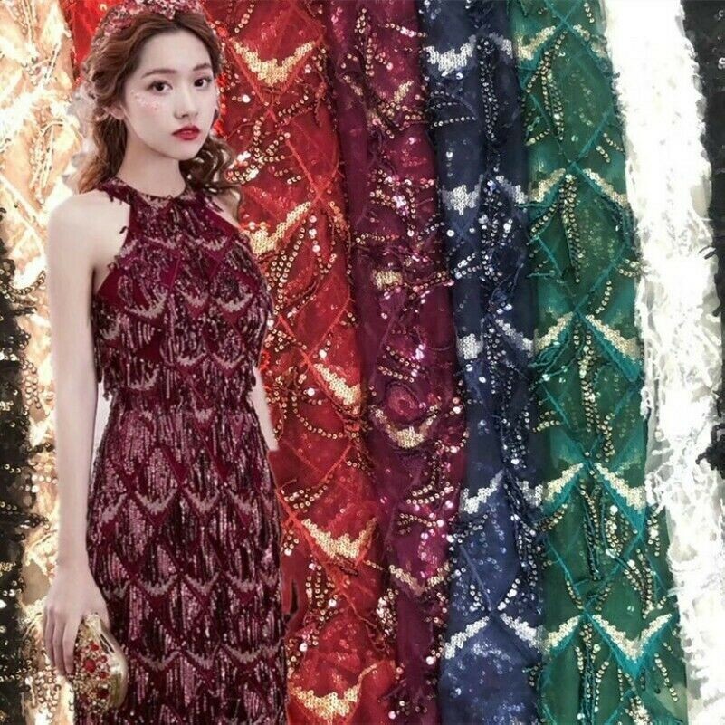 Tassel Sequin Fabric Embroidery Mesh Fringe Glitter Costume Prom Wedding Dress